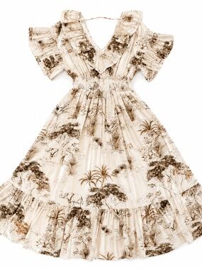 Sandro Paris Safari Toile Print Smocked Midi Dress FR 38 US 6